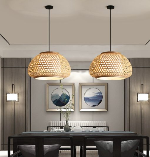 Bamboo Japandi Pendant Light Round Woven Lampshade